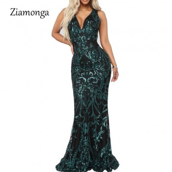 V Neck Mermaid Long Dresses Female Sequined Floor Length Maxi Dress Party Elegant Black Green Gold 